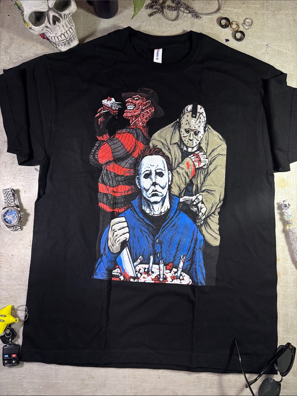 Men's Black Short Sleeve Graphic Horror Tee - Iconic Slasher Trio